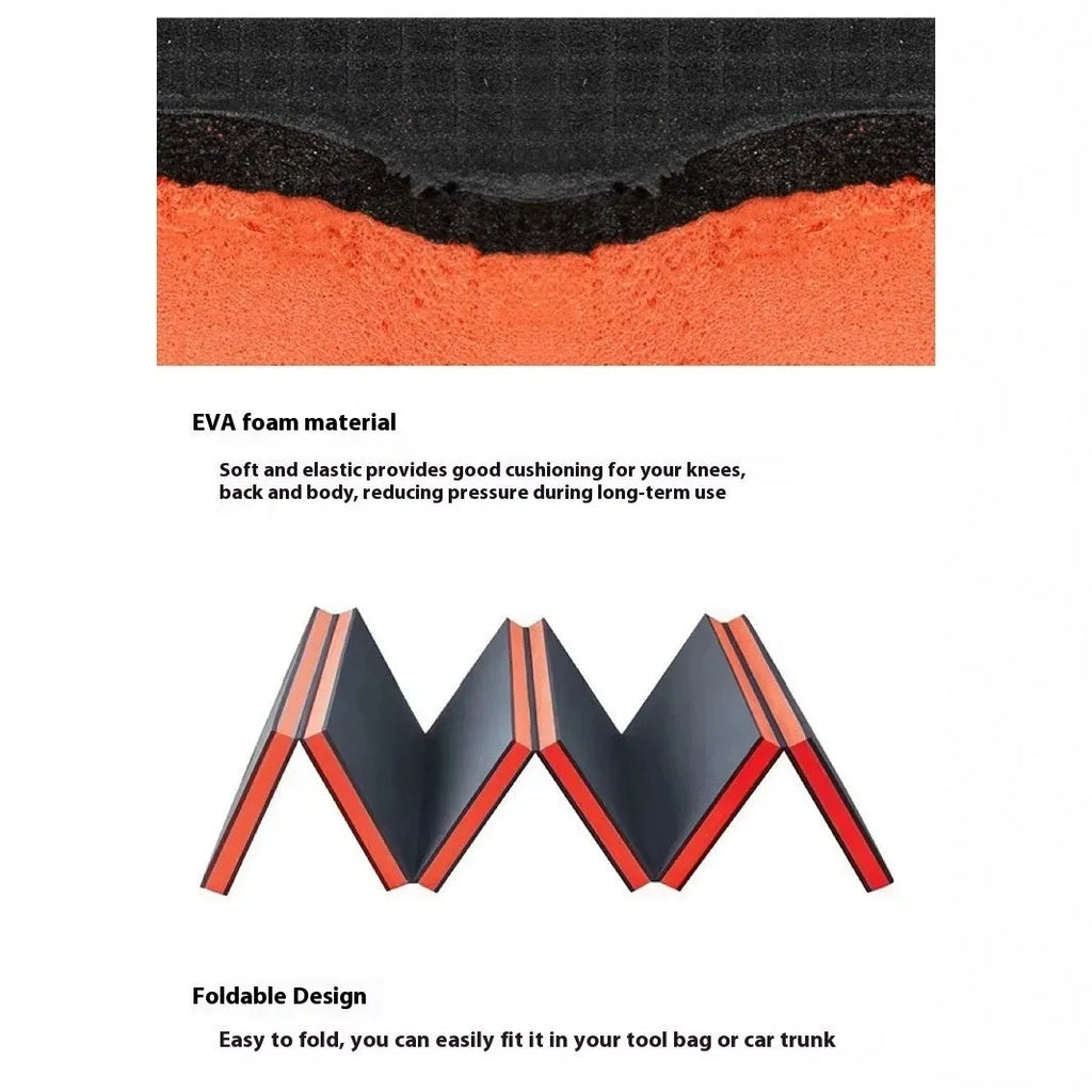 Large grey folding EVA foam kneeling mat shown open on a garage floor.