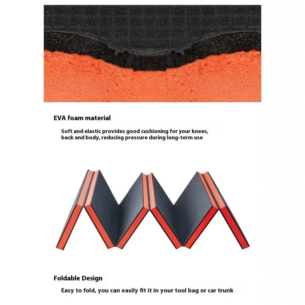 Large grey folding EVA foam kneeling mat shown open on a garage floor.