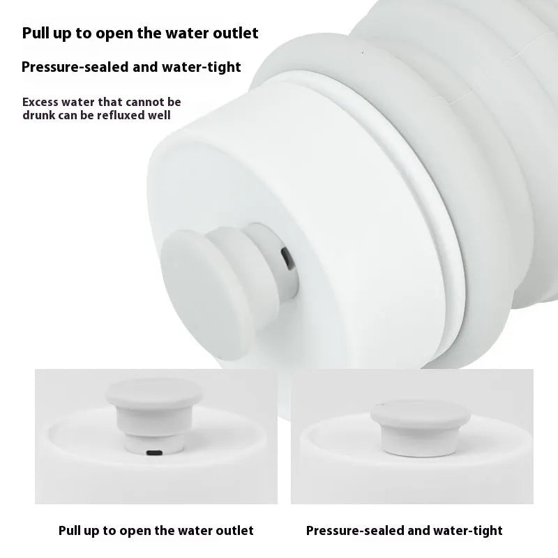 Collapsible silicone pet drinking cup shown folded and unfolded with packaging options