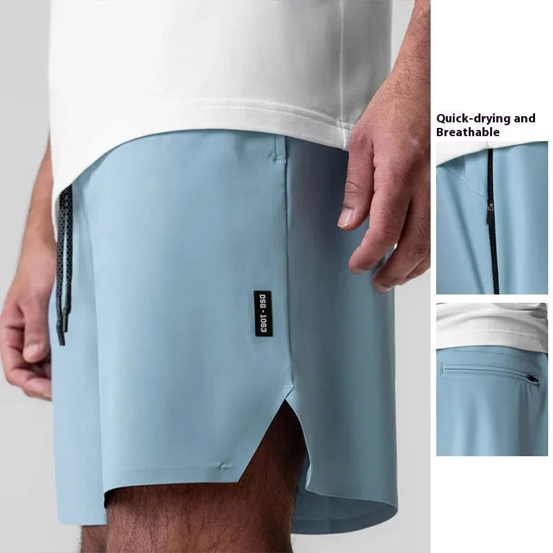 Men's grey seamless sports shorts with knee-length straight-leg design for athletic wear