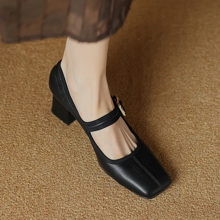 Women's square toe chunky heel pumps in black and wine red with sheepskin upper