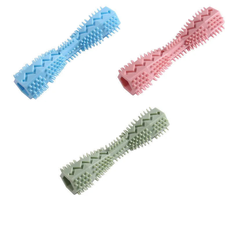 Blue TPR dog chew toy with hexagon shape and serrated surface for teeth cleaning