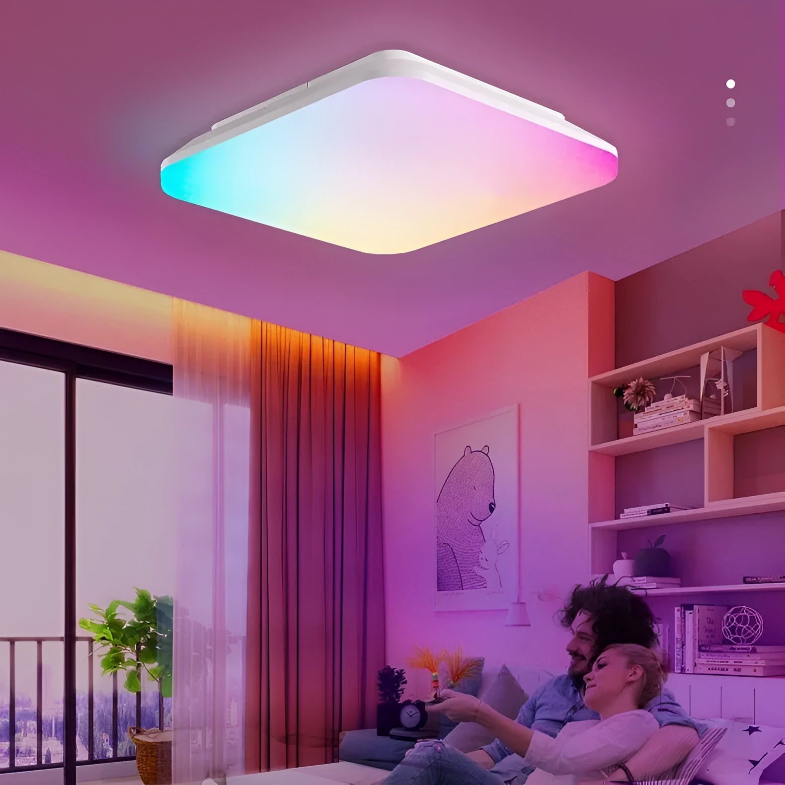 Square RGBCW full colour ceiling light with remote control, 24W, modern style on white background