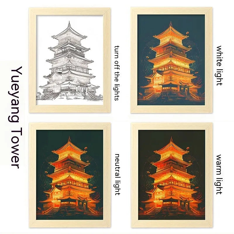 USB LED light-up picture frame night lamp showing landscape artwork with illuminated border