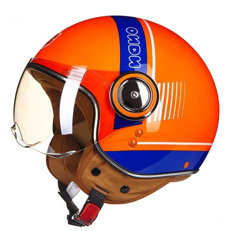 Retro-style half helmet for battery cars in bright blue and red colour combination showing ABS construction