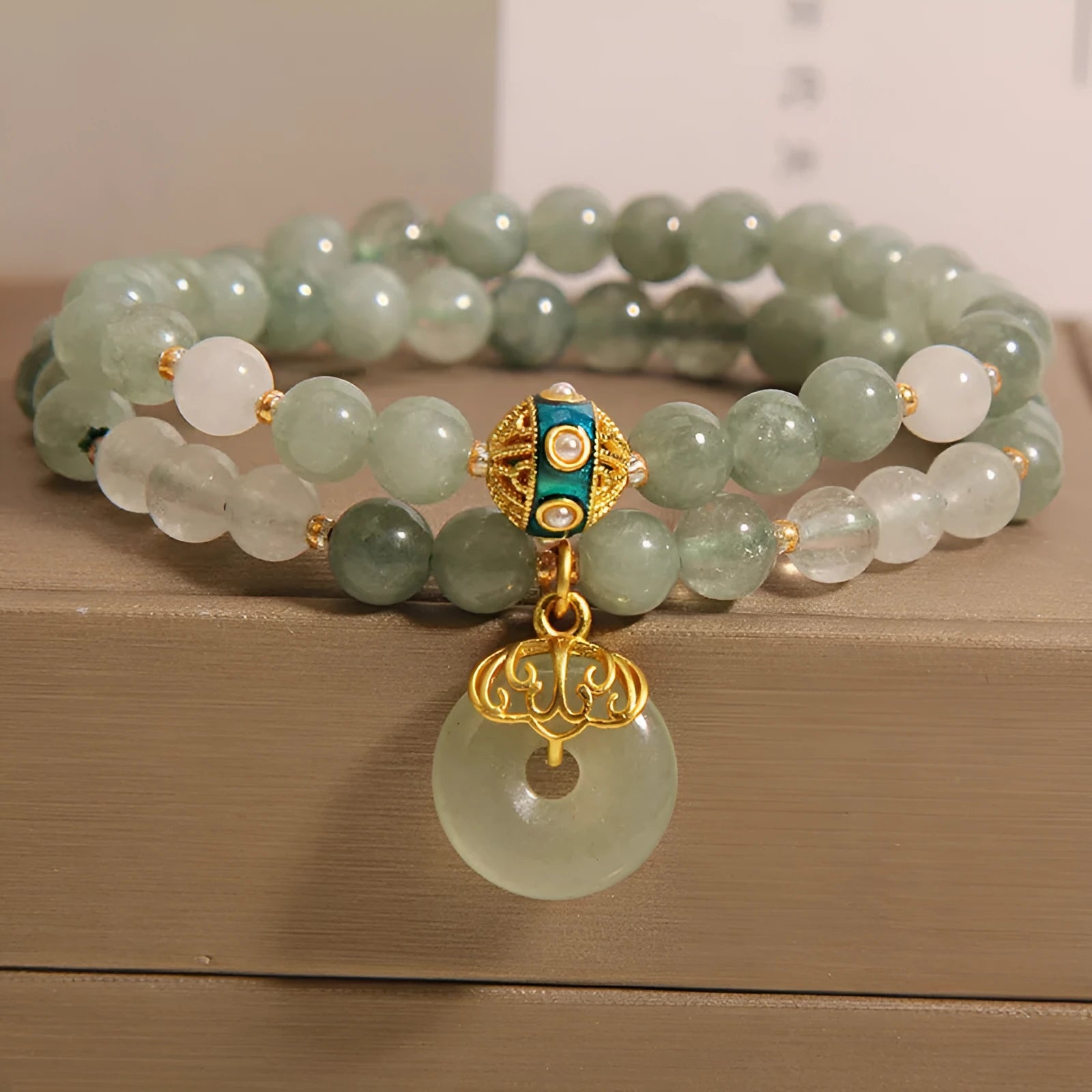 Women's aventurine double-layer jade bracelet with safety buckle in oil green with rhinestone accents