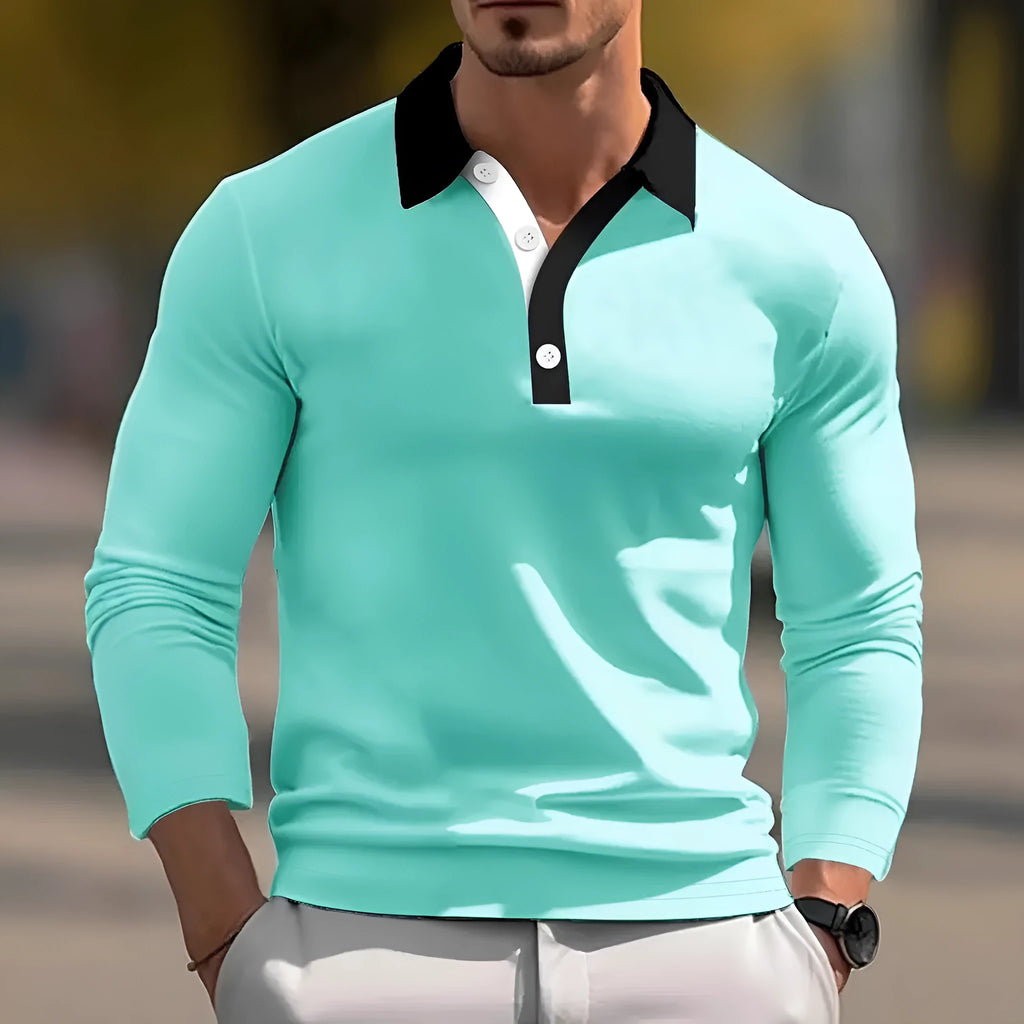 Men's loose fit long sleeve polo shirt button-up top in chemical fibre blend fabric