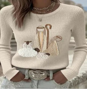 Loose fit knit sweater for women with 3D embossed pattern in artistic retro style