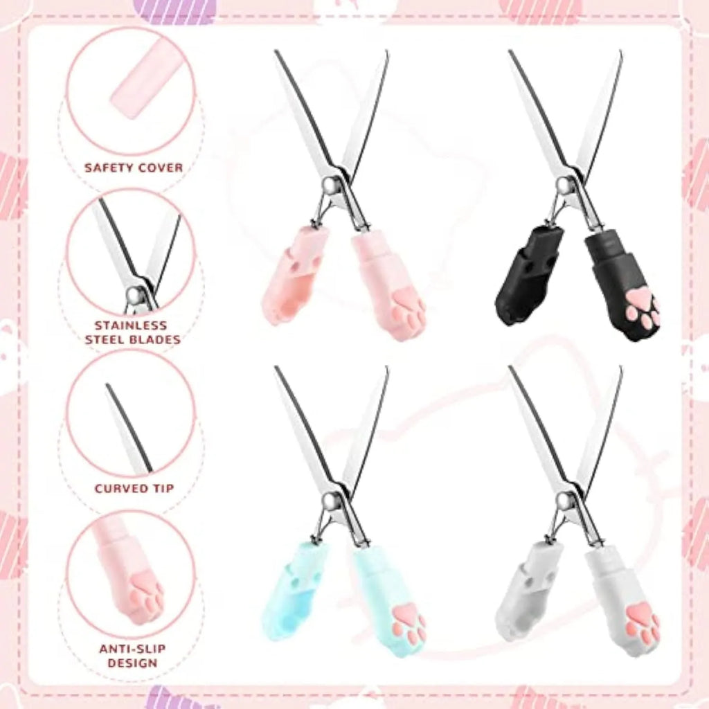 Cat paw design mini folding safety scissors in four colour options showing compact 8.7cm size