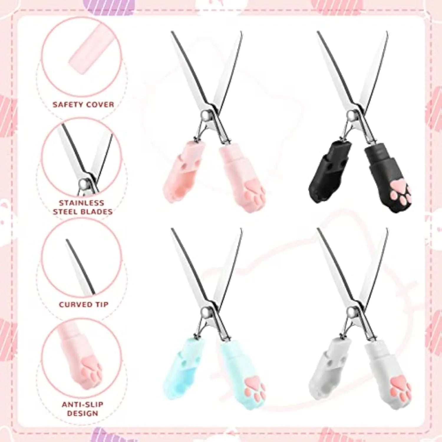 Cat paw design mini folding safety scissors in four colour options showing compact 8.7cm size