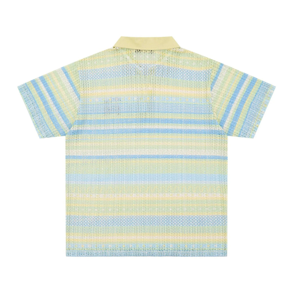 Men's blue printed short sleeve shirt with elastic fabric on a hanger
