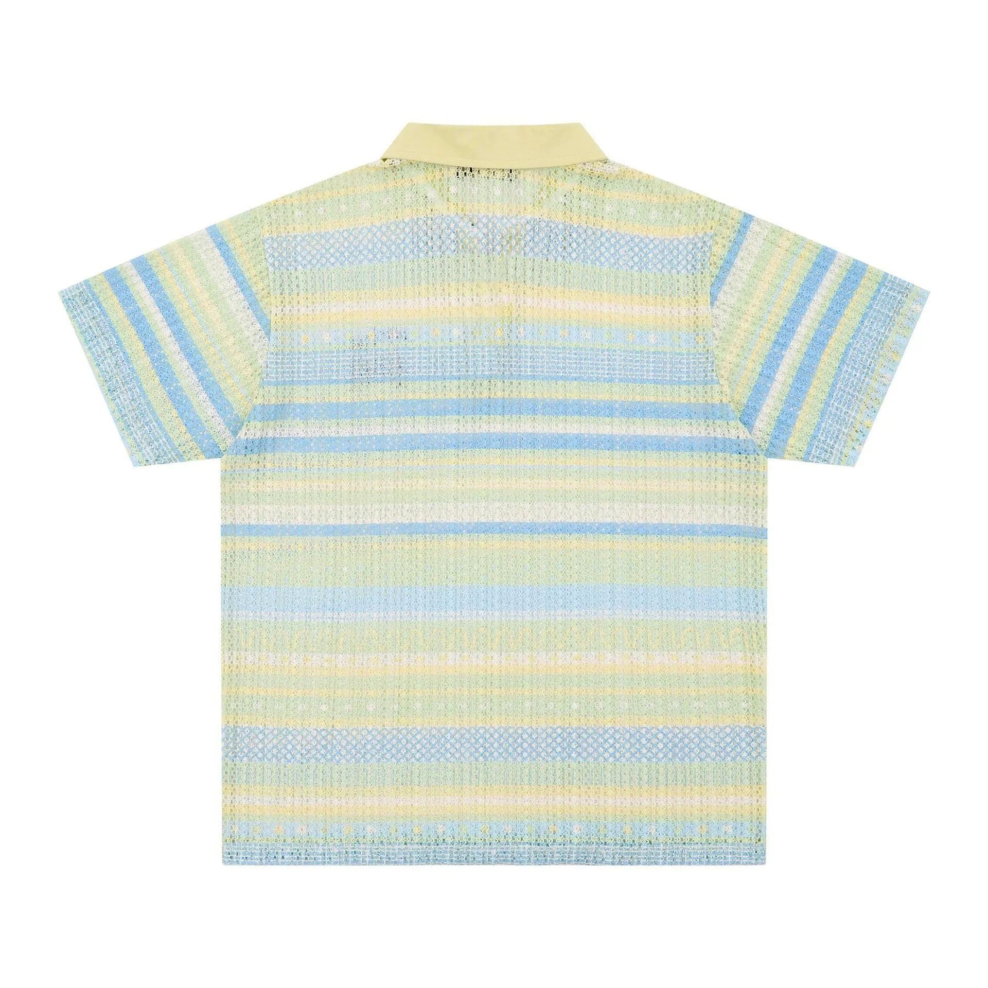 Men's blue printed short sleeve shirt with elastic fabric on a hanger