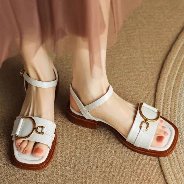 Women's casual sandals with thick rubber soles and button fastening in beige colour