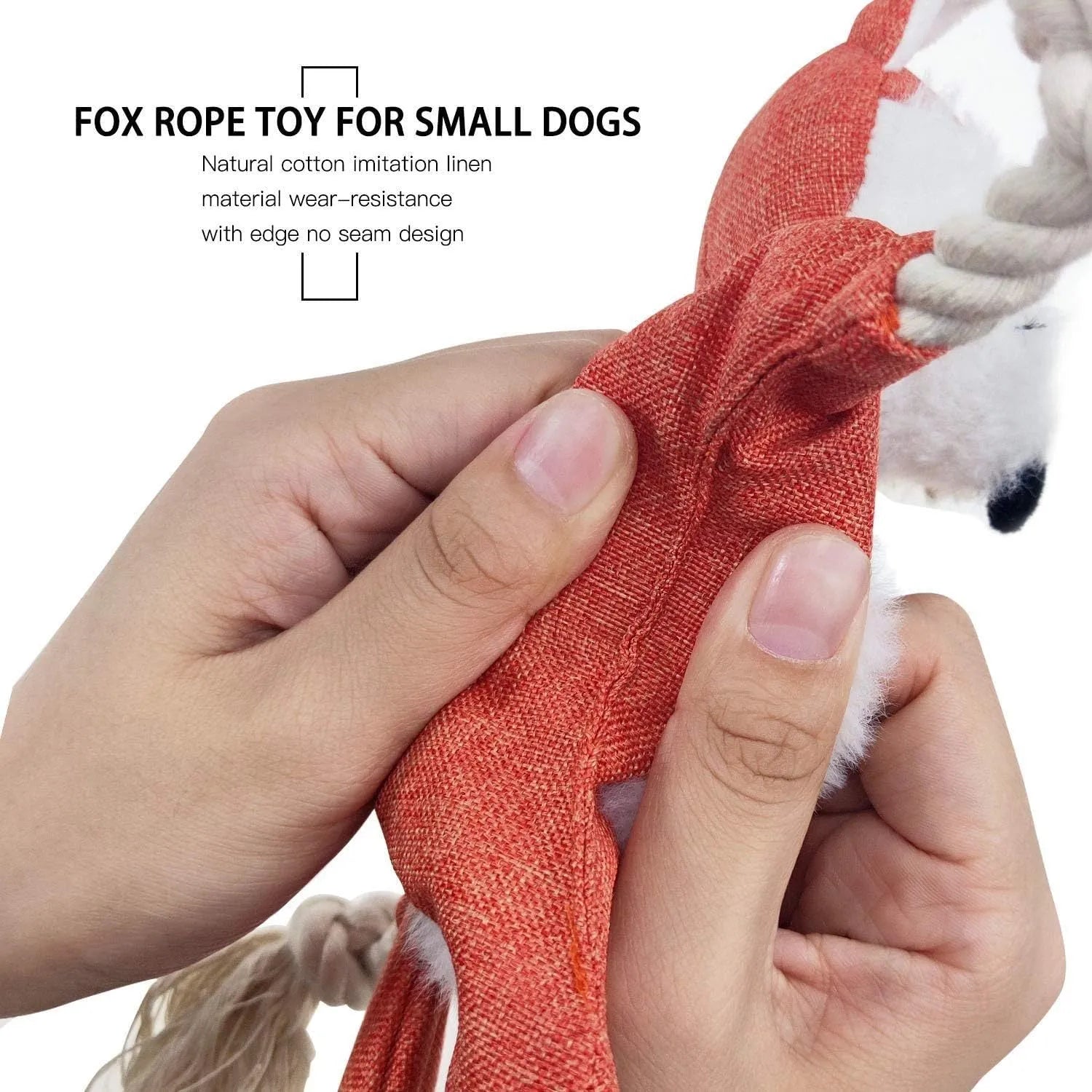 Brown plush fox dog toy with embroidered eyes, cotton rope arms and legs, and a squeaker in its head.