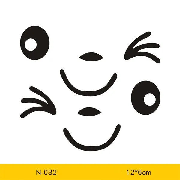 Pair of reflective cartoon eye car stickers on a vehicle rearview mirror and door panel.