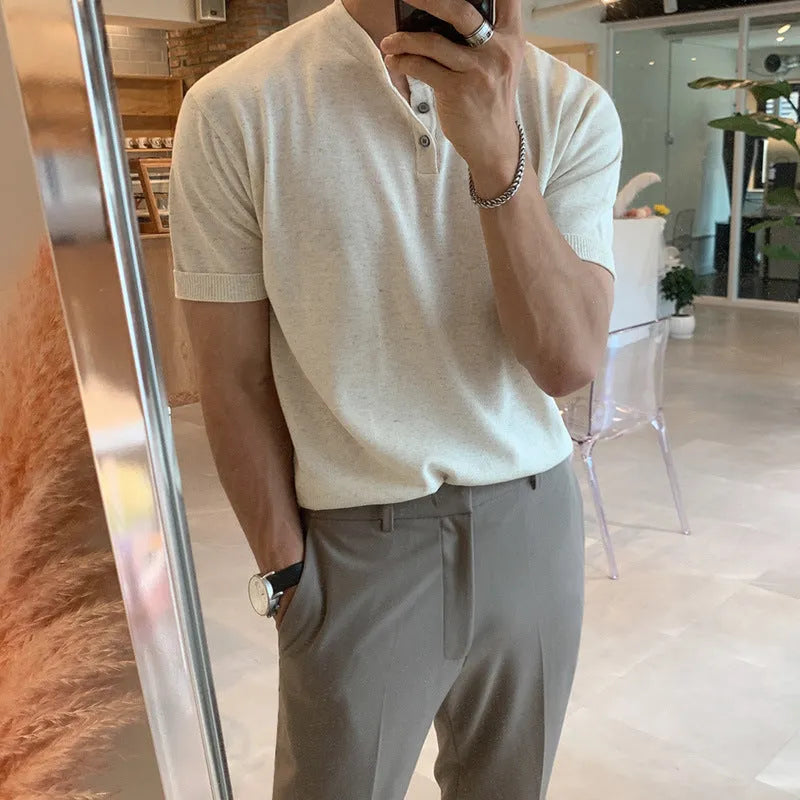 Men's slim-fit short-sleeved knitted shirt in ice silk fabric available in three colours