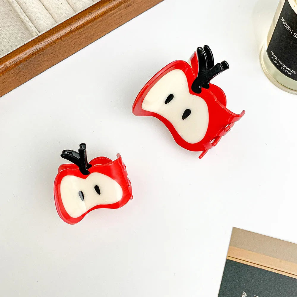 Large red spliced handmade hair clip with apple design, 6.5cm length, mixed material, for women