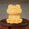 Solid bamboo carved smiling frog ornament with cartoon cute style, measuring 5cm high.
