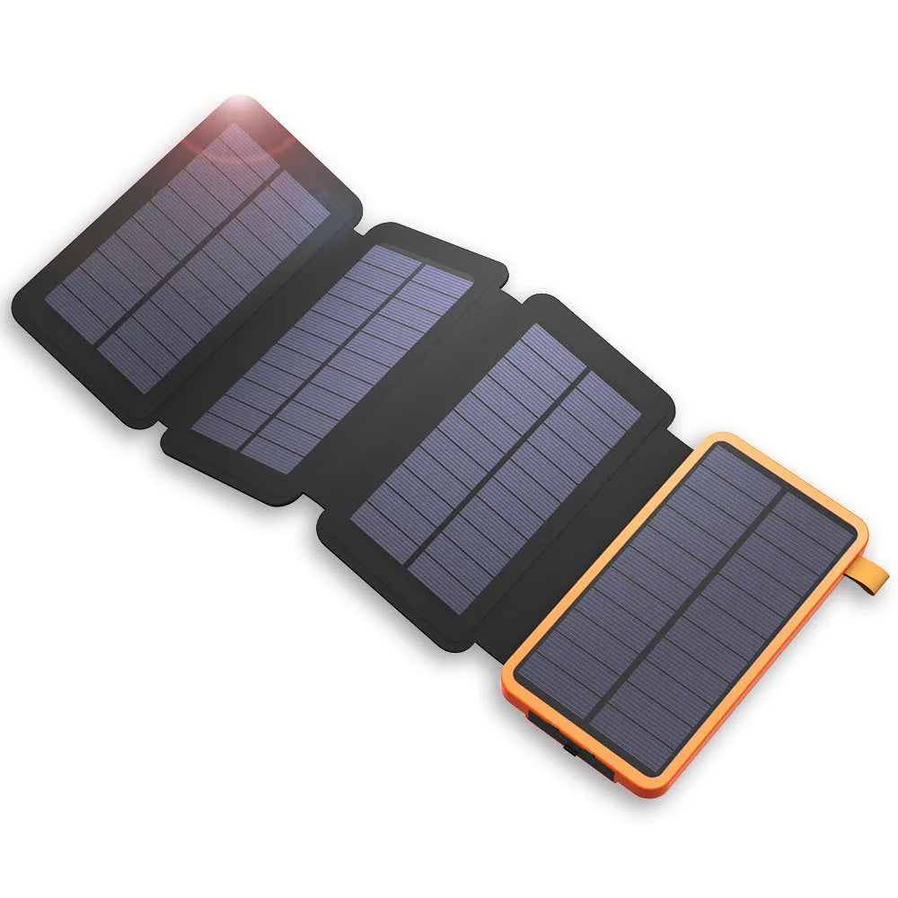 Black outdoor solar power bank with a solar panel, LED light, and soft leather finish, shown with a charging cable.