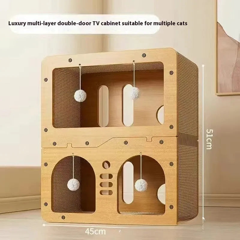 Double layer cat scratching board with integrated cat nest in a choice of decorative styles.