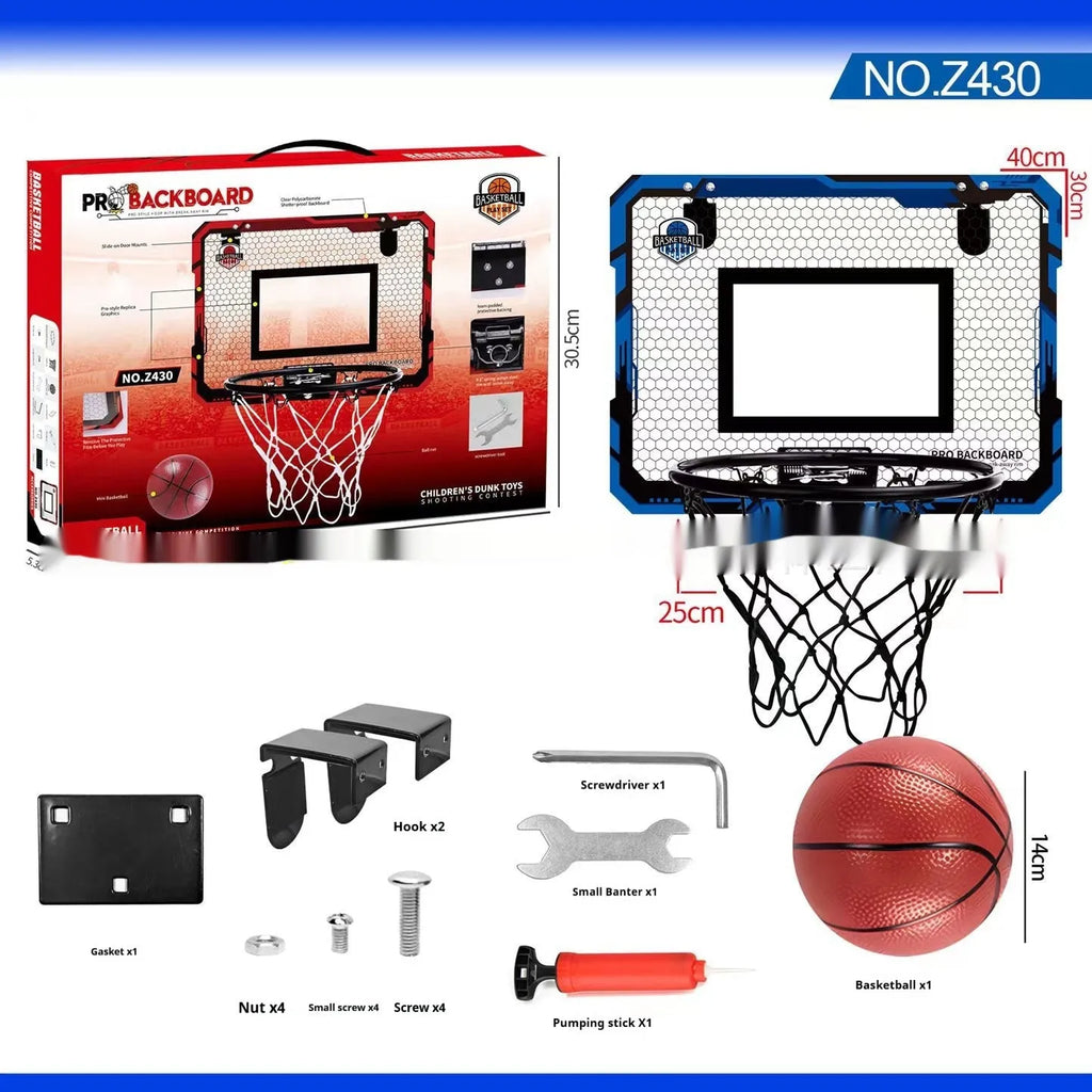 Red folding basketball frame with suction cups mounted on a wall, showing dunk scoring panel.