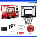 Red folding basketball frame with suction cups mounted on a wall, showing dunk scoring panel.