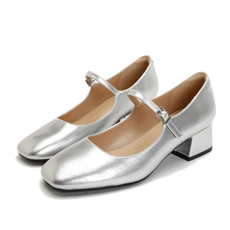 Women's square toe patent leather Mary Jane shoes with buckle and pearl detail, mid heel, black colour