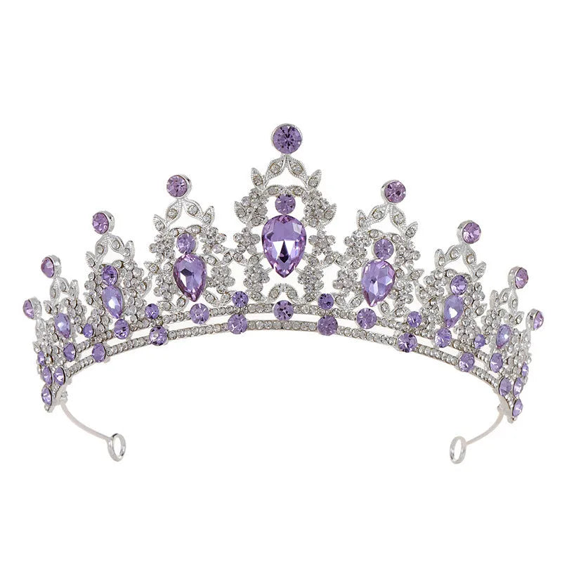Baroque-style bridal crown hair accessory with rhinestones on an alloy frame in silver and gold colour options.