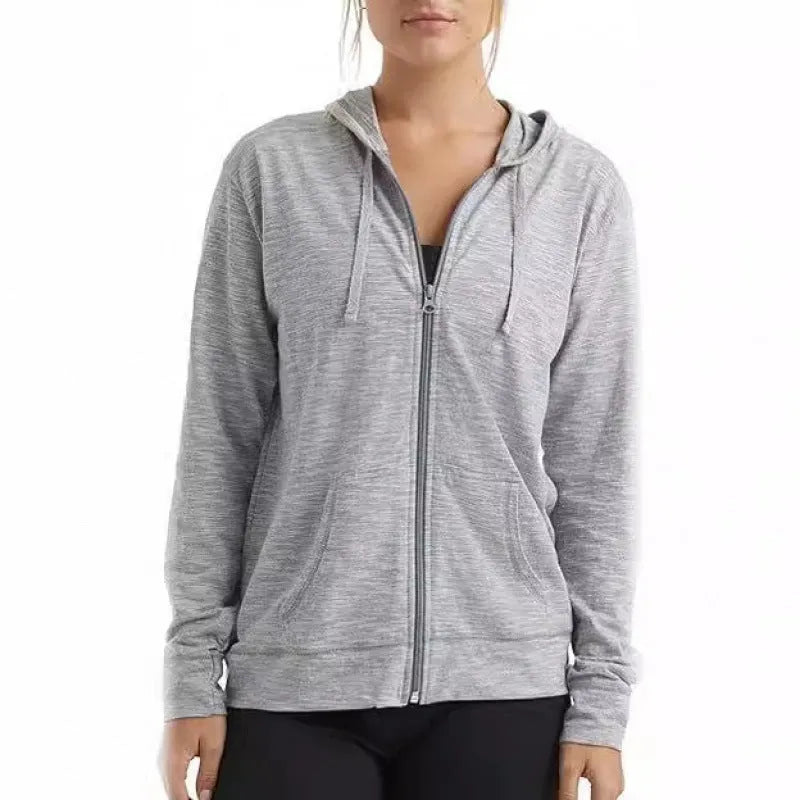 Polyester sports hoodie pullover in loose fit with long sleeves, shown in solid colour options.
