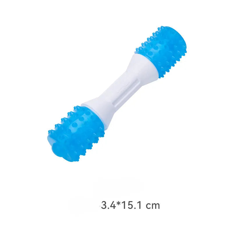 Dual-colour rubber puppy teething chew toy for dogs aged 2 to 8 months, shown in small, medium, and large sizes.