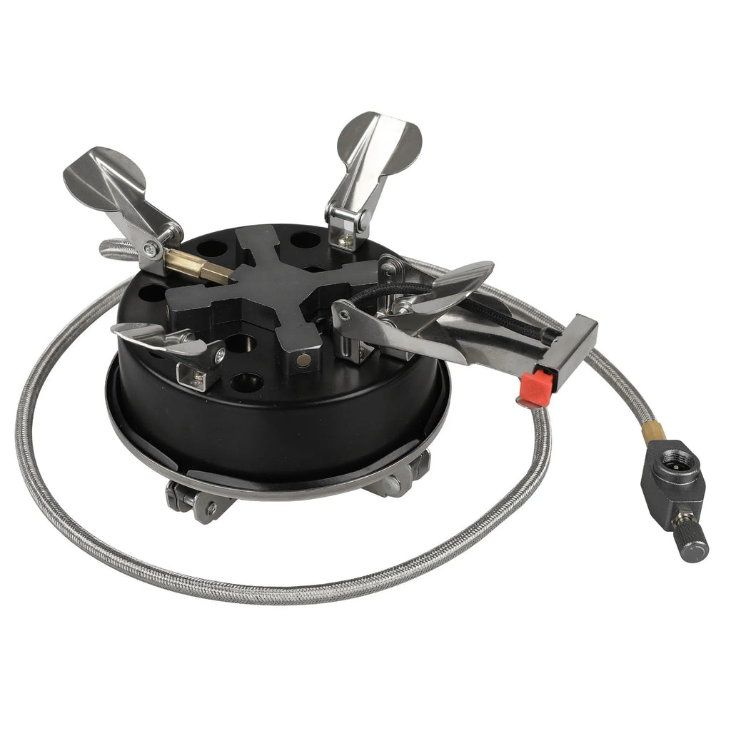 Silver portable foldable stainless steel split stove for outdoor camping and picnics.