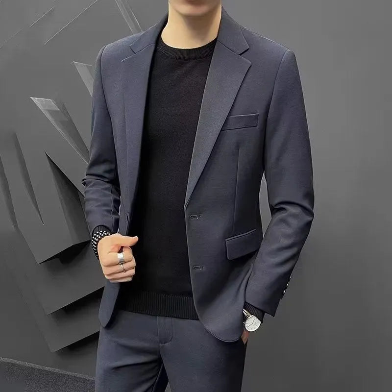 Korean slim business suit set with long-sleeve coat and trousers in black, slim fit polyester
