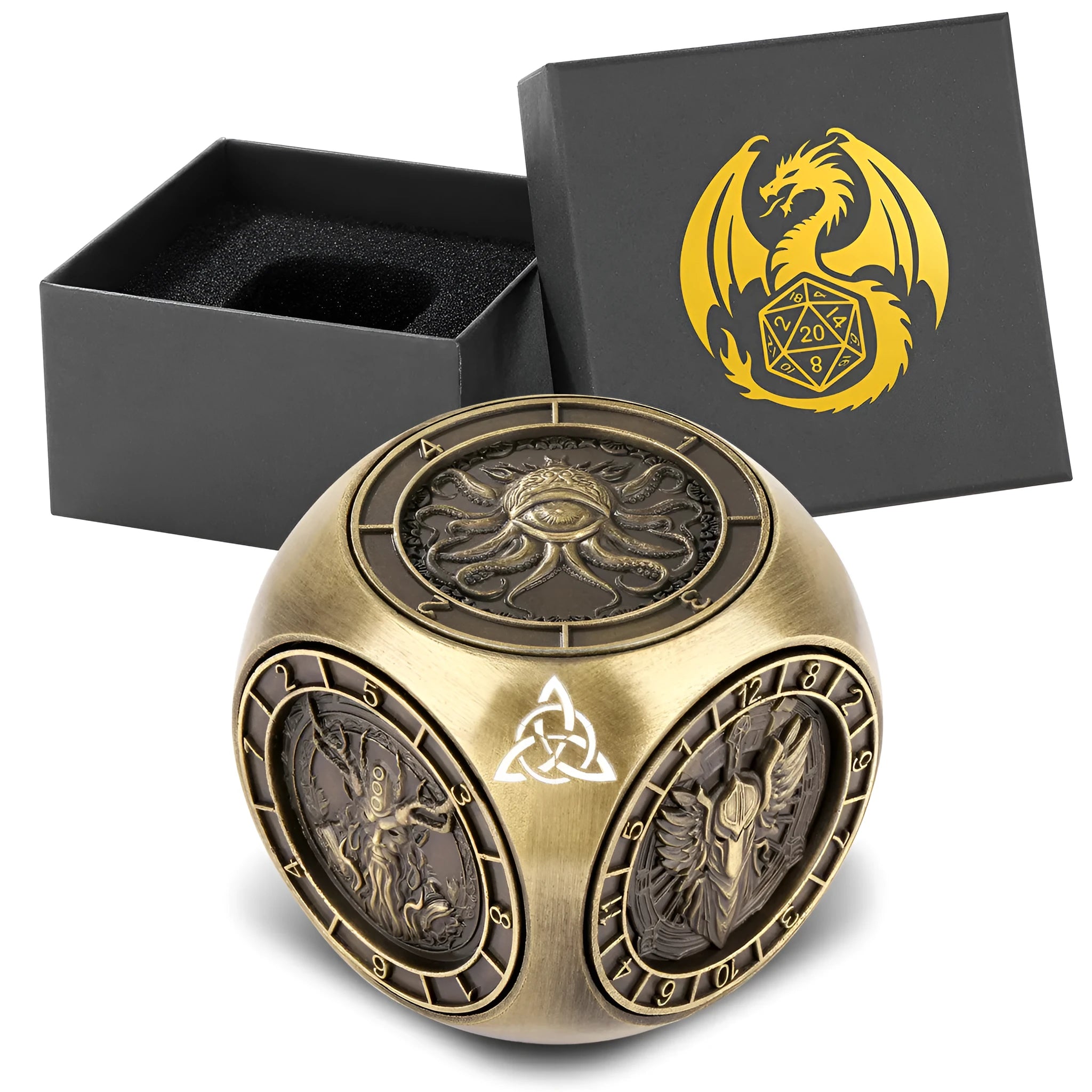6-pack retro metal dice wheel gift box set with bronze, dark silver, and black finishes on a tabletop