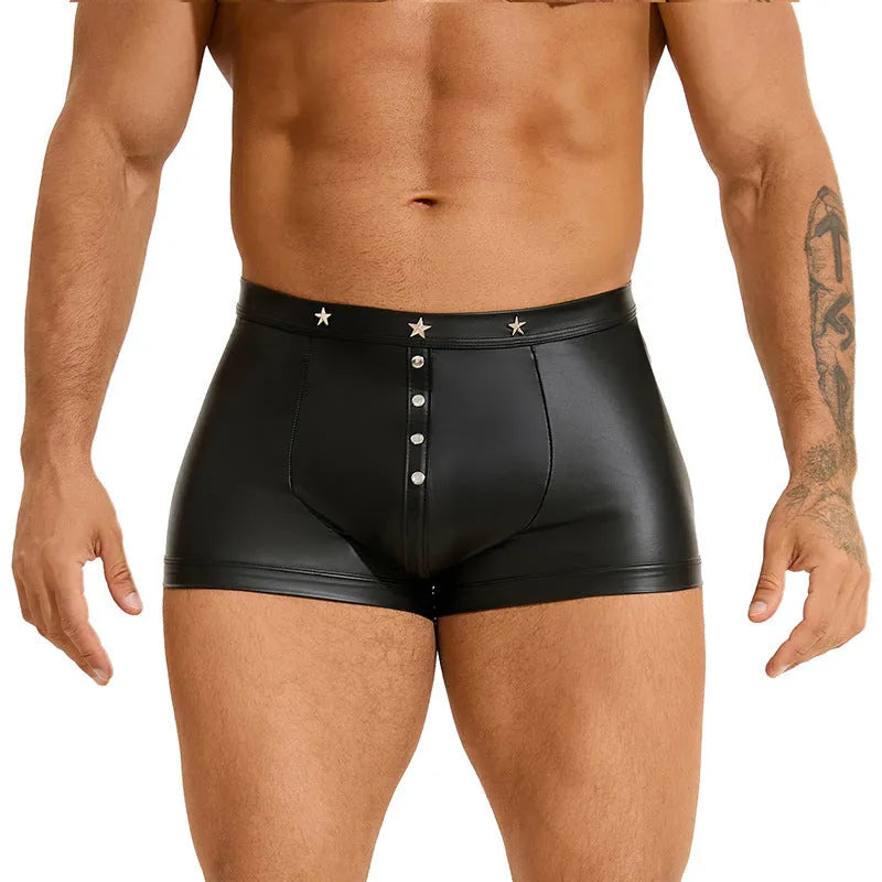 Black PU leather men's boxer shorts with U pouch design shown in Asian sizes M to 3XL