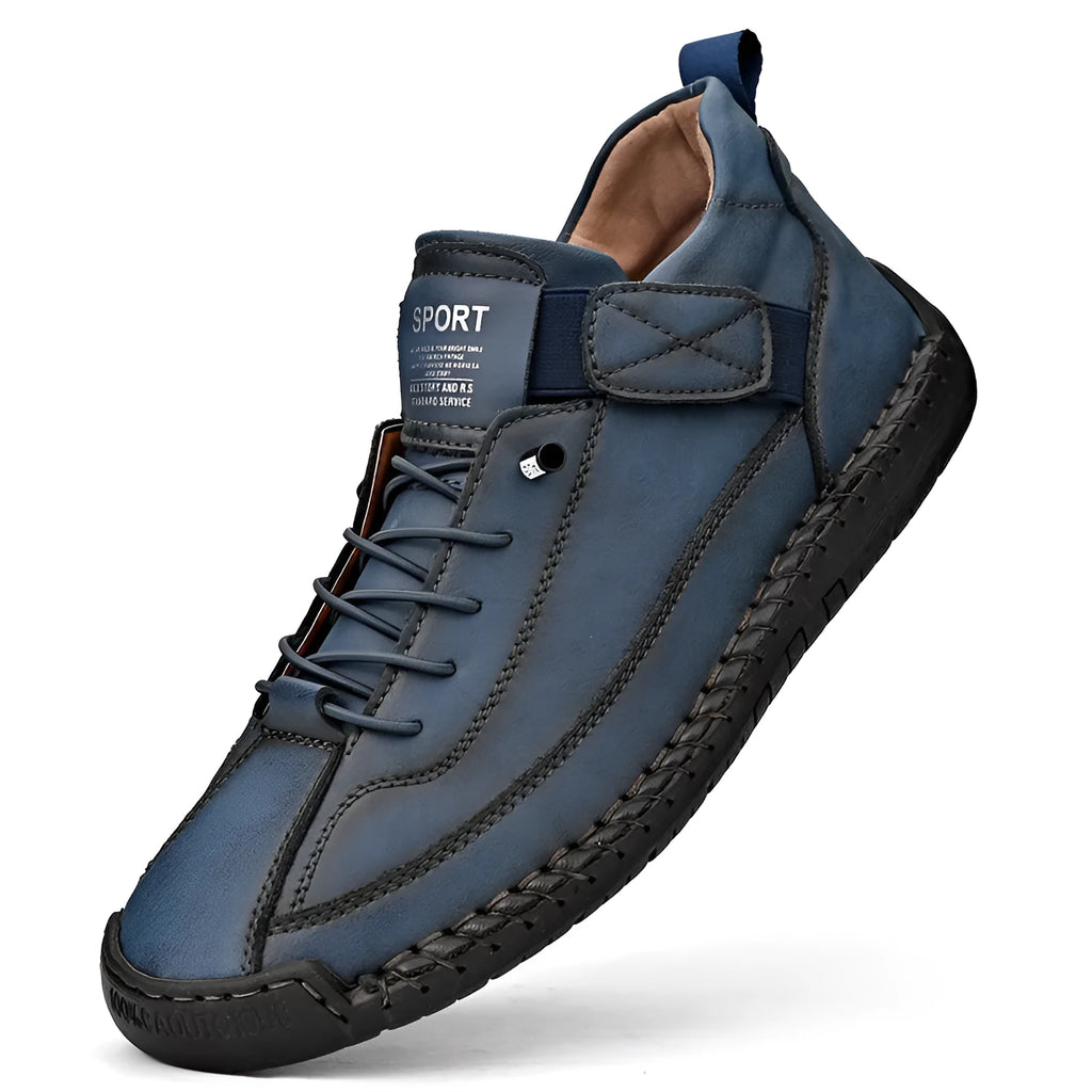 Men's mid-top Martin boots in khaki with tooling stitching and an elastic band ankle
