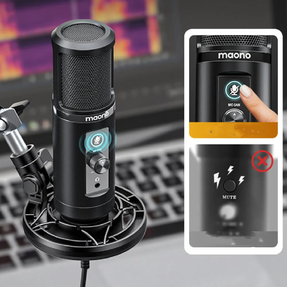PM422 USB condenser cardioid microphone on a desk with shockproof frame and cantilever arm accessory set