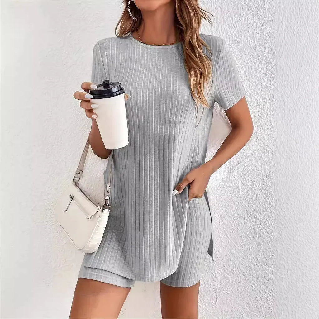 Ladies cotton ribbed crew neck short sleeve top and shorts set in black, grey or khaki