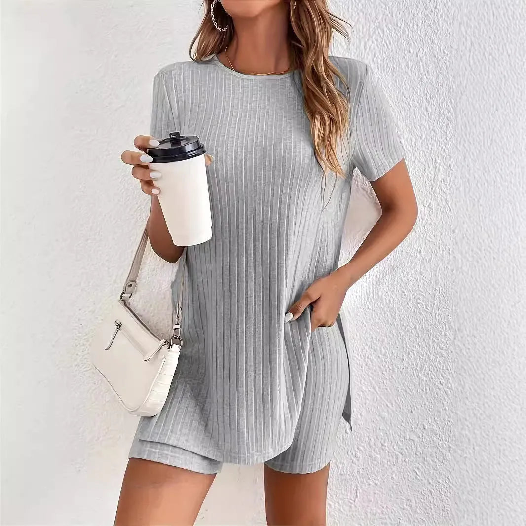 Ladies cotton ribbed crew neck short sleeve top and shorts set in black, grey or khaki