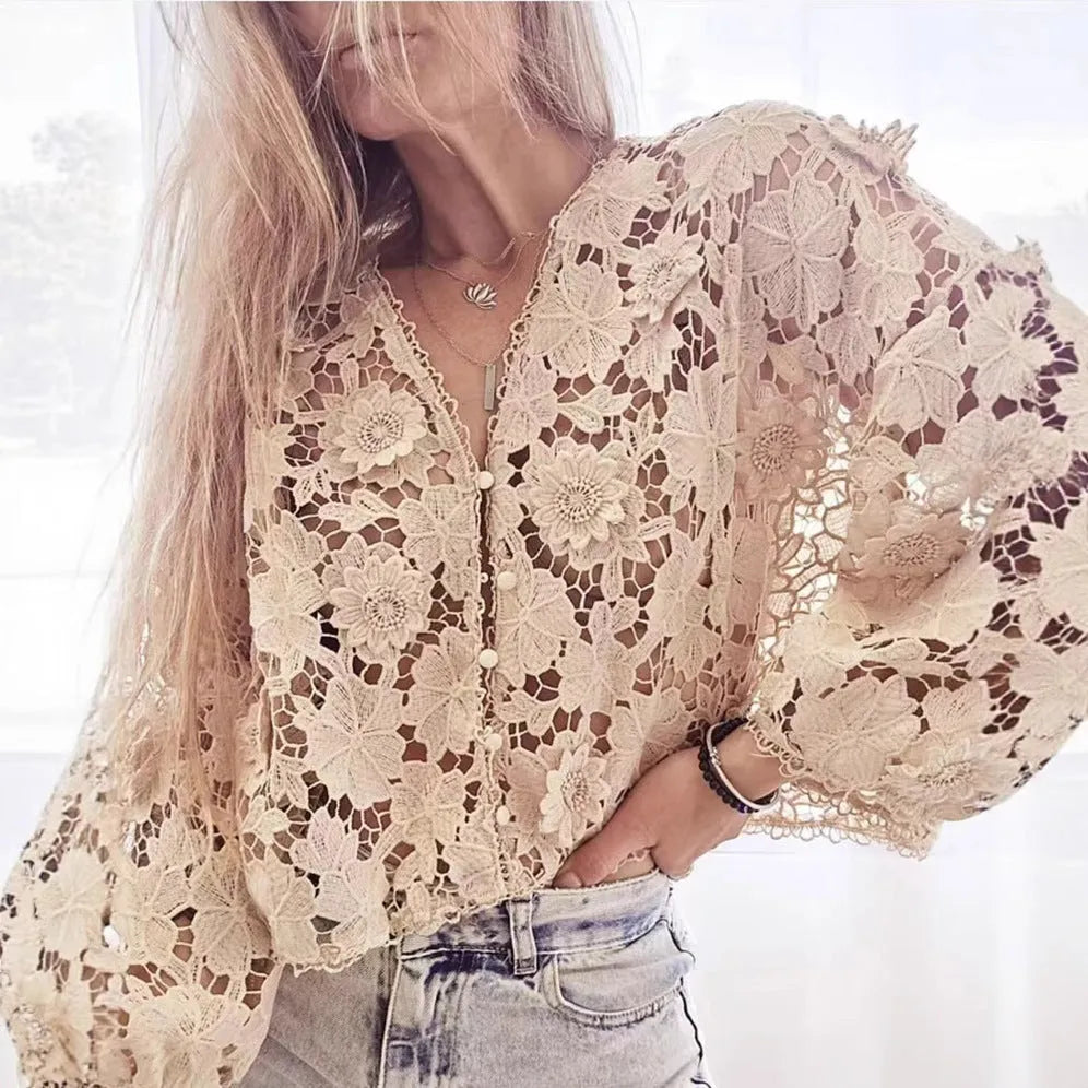 Women's loose fit black lace V-neck cardigan shirt featuring a three-dimensional white lace flower decoration on the chest.