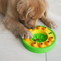 Square blue dog puzzle feeder bowl with a central column and a top turntable for interactive feeding.