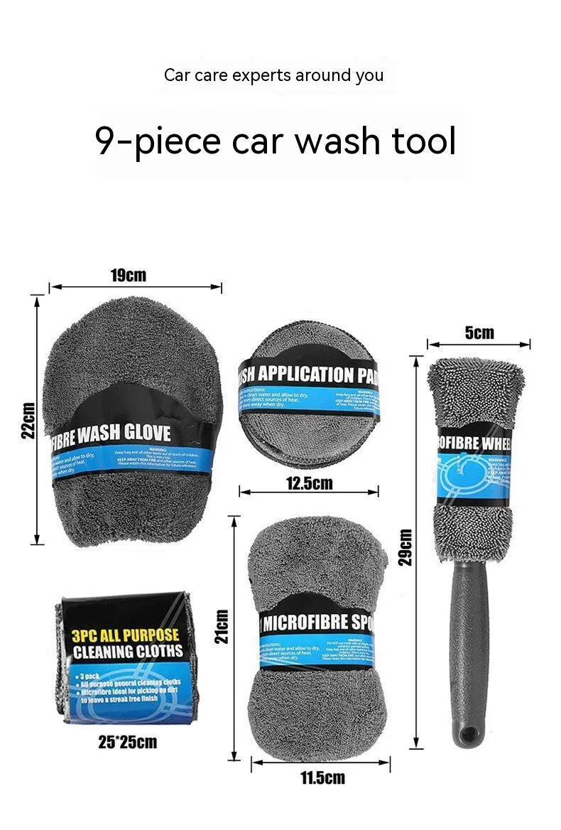 9-piece grey microfiber car wash set with gloves, sponge, tire brush, waxing wipes, and towels