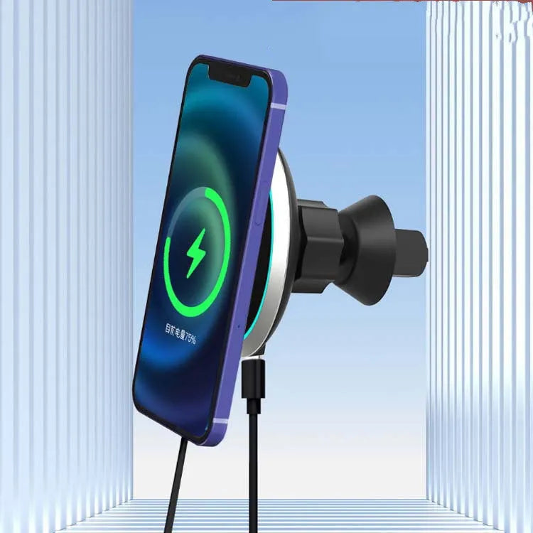 15W magnetic wireless car charger mounted on a vehicle air vent, showing plastic housing and LED light.