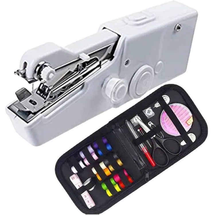 Handheld mini sewing machine set with thread spools, scissors, ruler, and clips in multiple colours