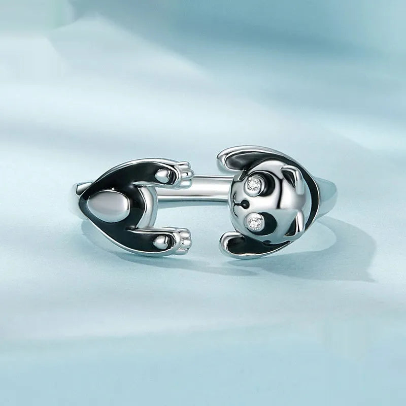 Sterling silver adjustable open ring with cute panda design and white gold plating