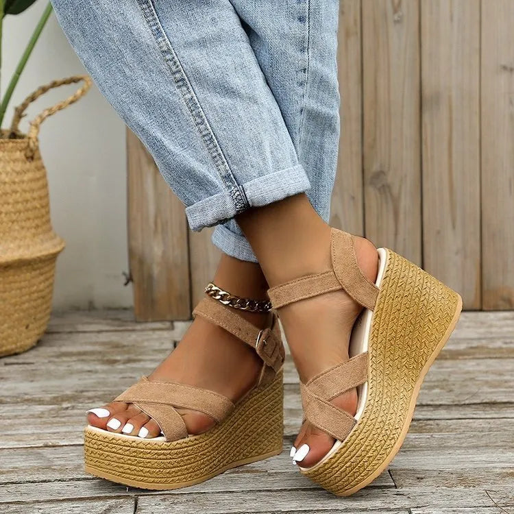 Women's wedge sandals with hemp heels, non-slip cross-strap, and hollow-out lamb pulp upper in army green