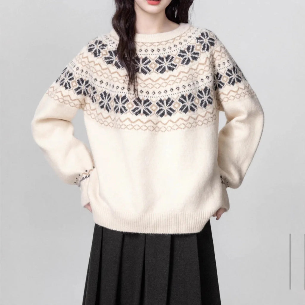 Milky white women's vintage Fair Isle geometric pattern pullover sweater with long sleeves.