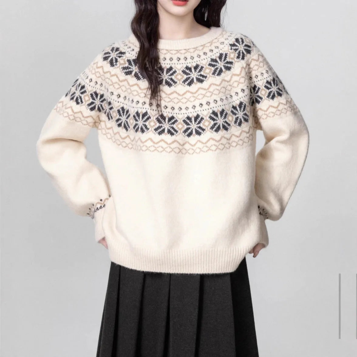 Milky white women's vintage Fair Isle geometric pattern pullover sweater with long sleeves.