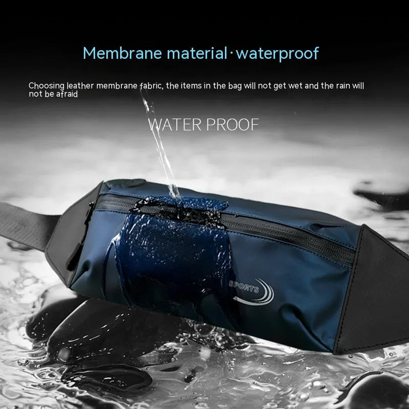 Men's blue waterproof Derm Oxford polyester sports waist bag with adjustable strap.
