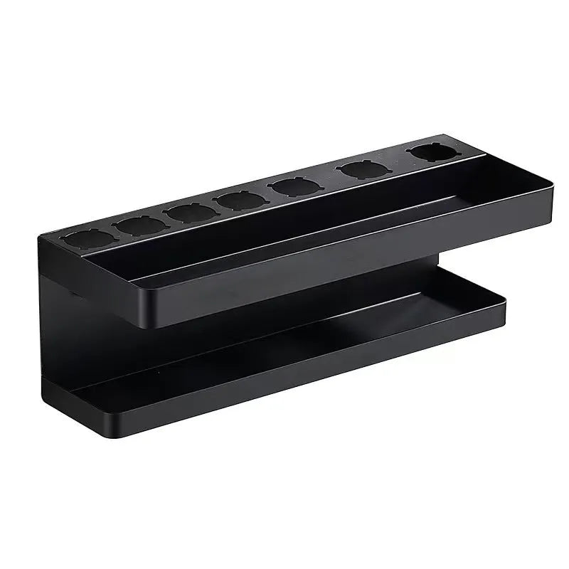 White double-layer aluminium punch-free wall rack holding Marcel Waver curling irons.
