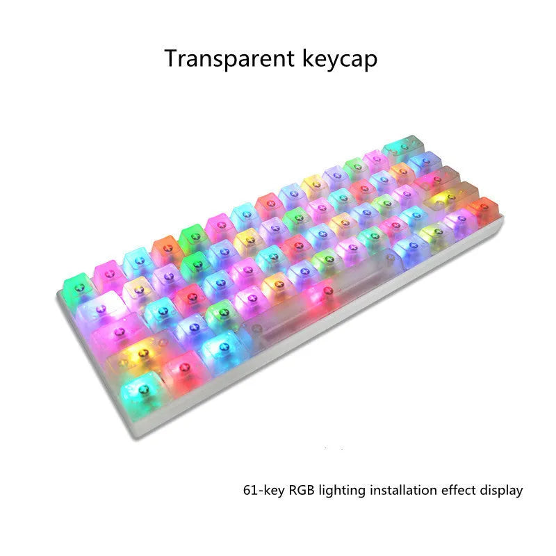 Transparent PBT mechanical keyboard keycaps in orange, white, blue, and black colours showing light transmission